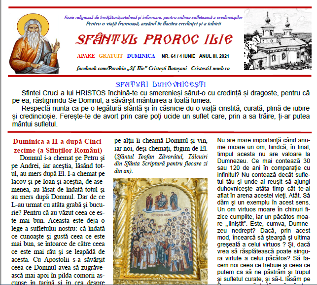 Revista parohiei ‟Sfântul Proroc Ilie” Cristeşti Botoşani, Nr. 64 - 2021